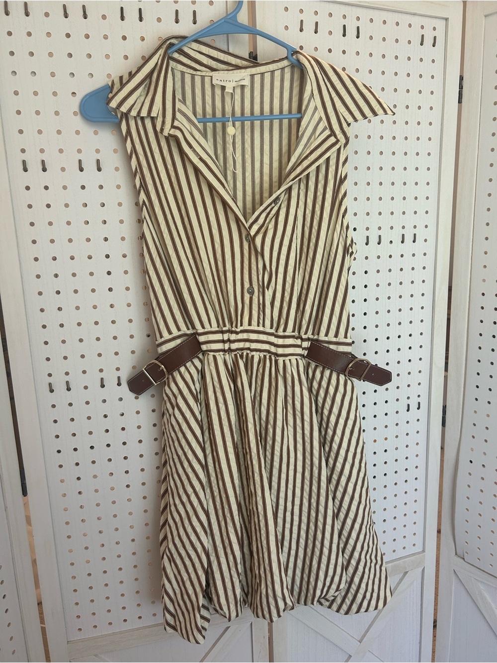 Striped Sleeveless Cotton Shirt Dress in Cream and Brown